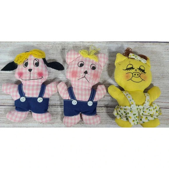 Vintage Cloth Stuffed Animals Lot Of 3 Dog Cat Pig Pink Gingham Check Yellow 5"